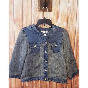 Chicos Denim Jacket Tweed Button Up Pockets Size 1